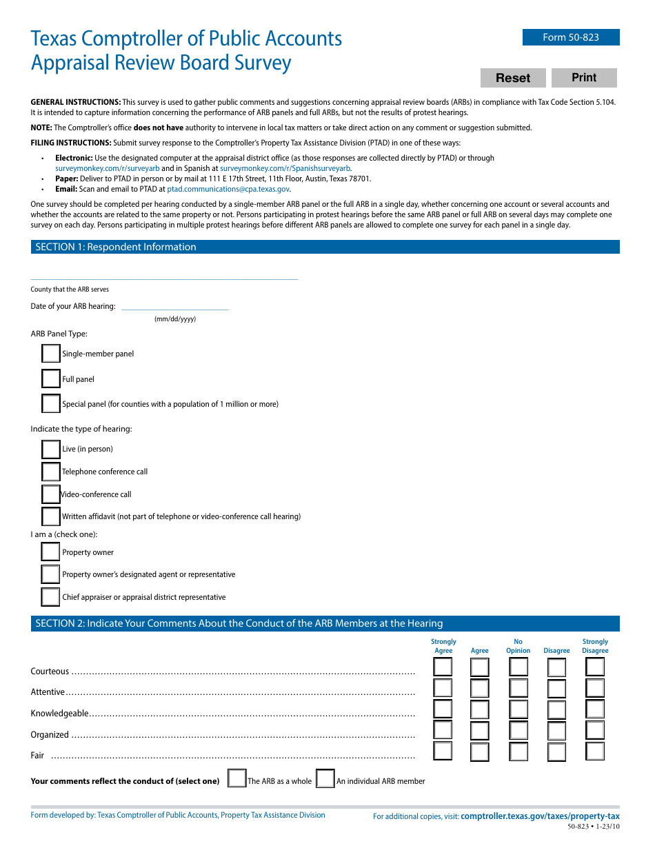 Form 50-823 Texas Comptroller of Public Accounts Appraisal Review Board Survey - Texas, Page 1