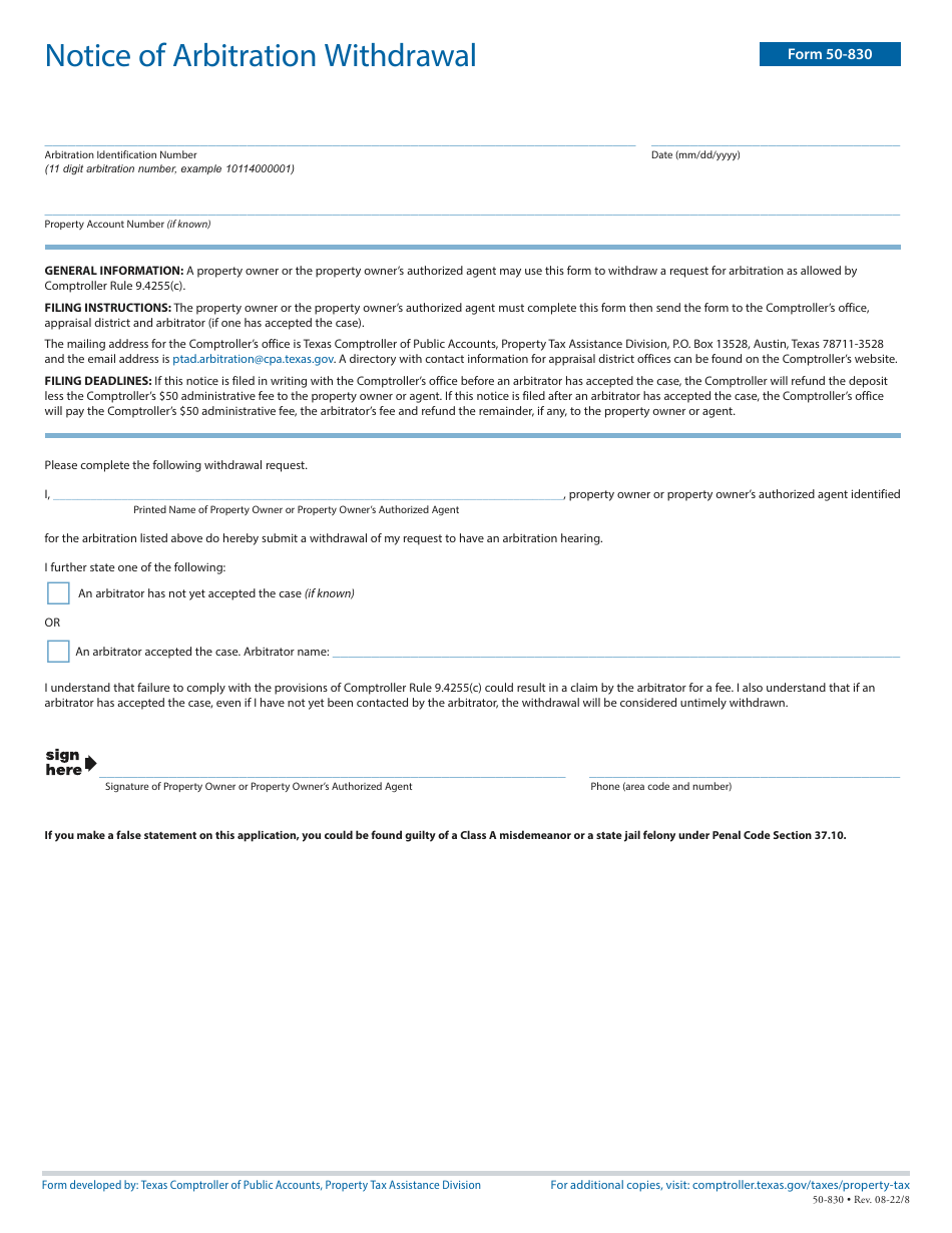 Form 50-830 Notice of Arbitration Withdrawal - Texas, Page 1