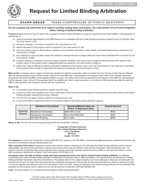 Form AP-241 Request for Limited Binding Arbitration - Texas