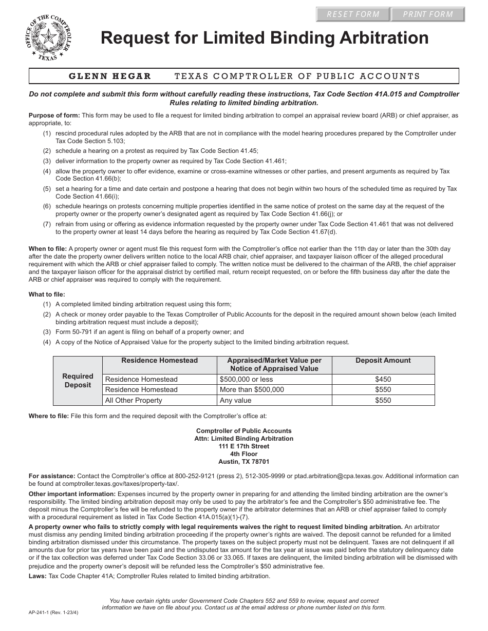 Form AP-241 Request for Limited Binding Arbitration - Texas, Page 1