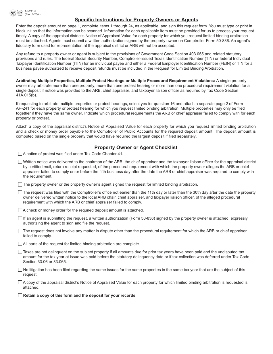 Form AP-241 Request for Limited Binding Arbitration - Texas, Page 2