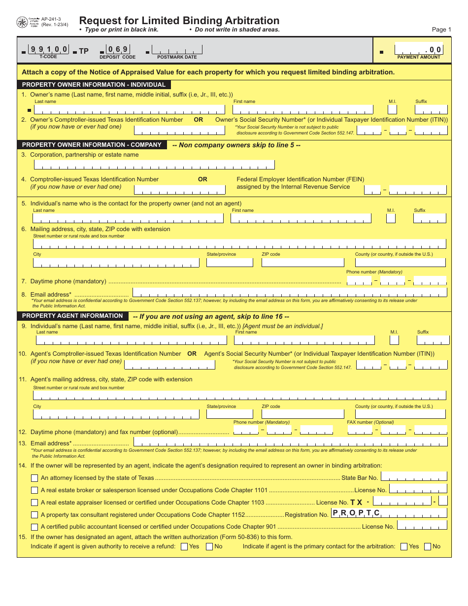 Form AP-241 Request for Limited Binding Arbitration - Texas, Page 3