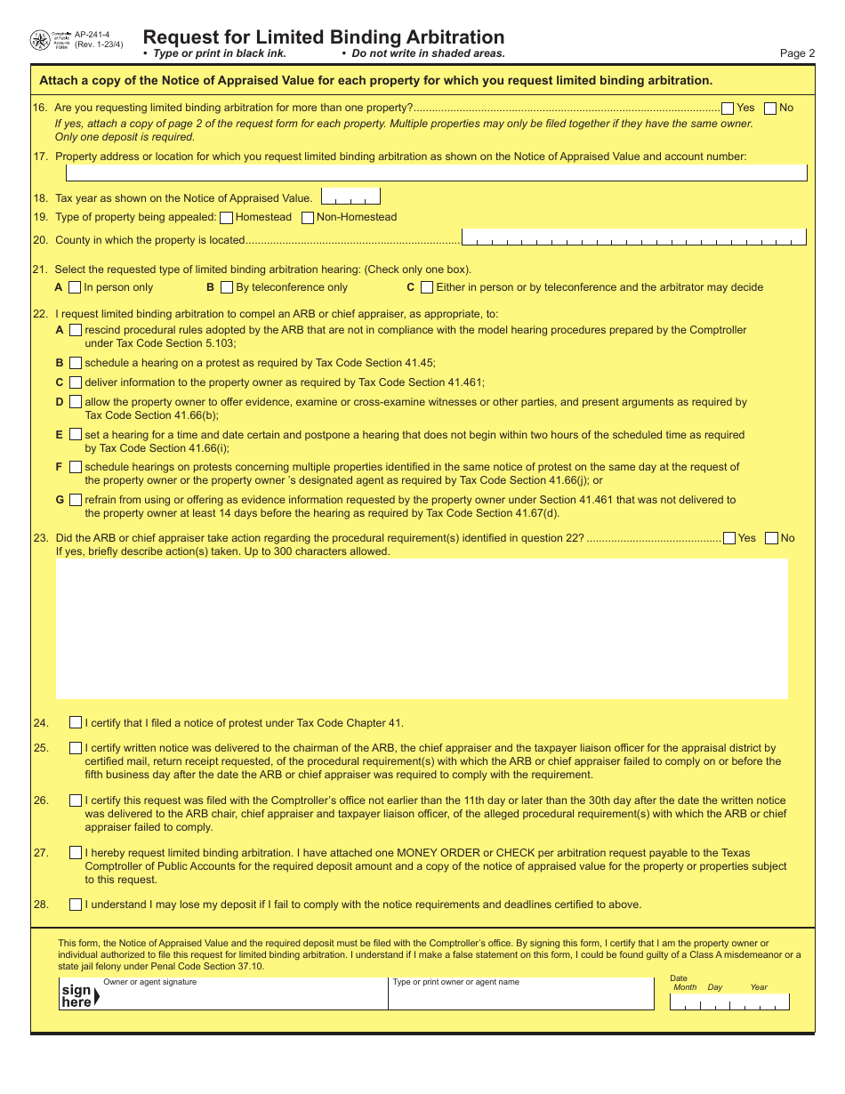 Form AP-241 Request for Limited Binding Arbitration - Texas, Page 4