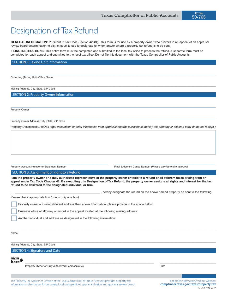 Form 50-765 Designation of Tax Refund - Texas, Page 1