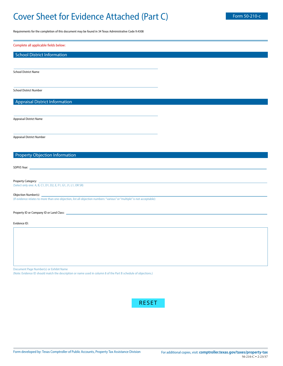 Form 50-210-C Part C Cover Sheet for Evidence Attached - Texas, Page 1