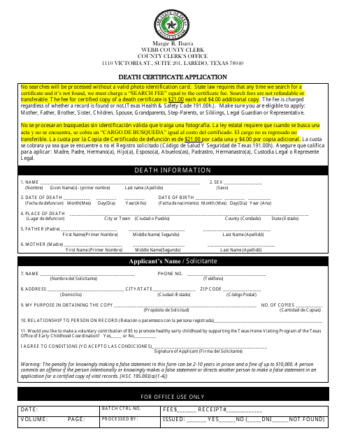 Death Certificate Application - Webb County, Texas Download Pdf
