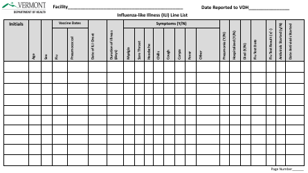 Document preview: Influenza-like Illness (Ili) Line List - Vermont