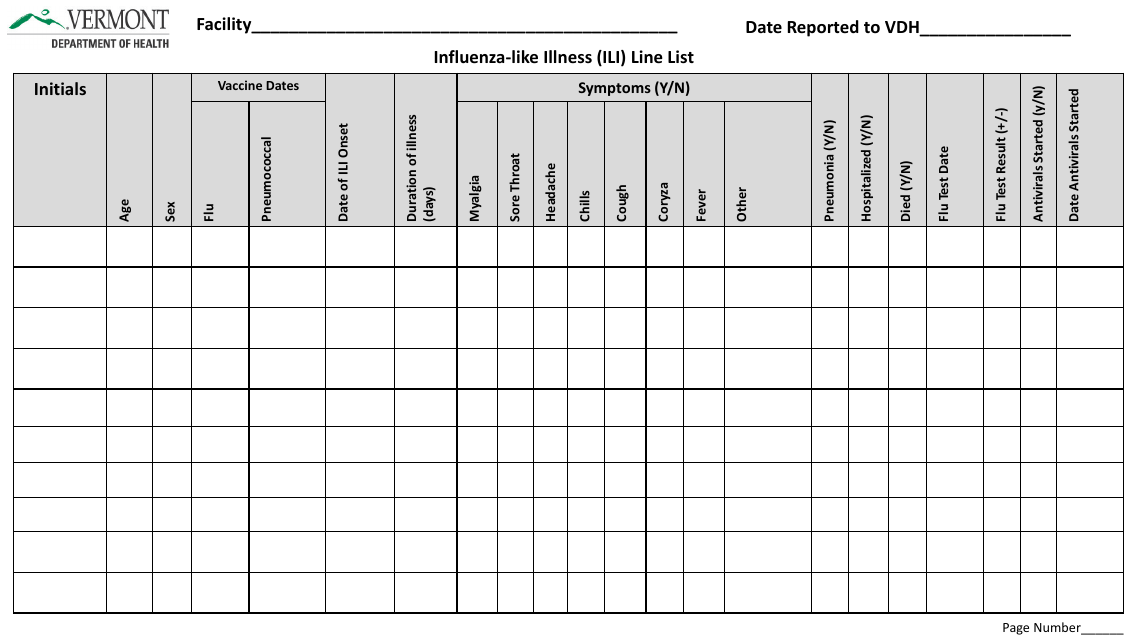 Influenza-like Illness (Ili) Line List - Vermont Download Pdf