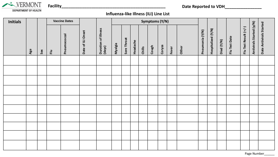 Influenza-like Illness (Ili) Line List - Vermont, Page 1