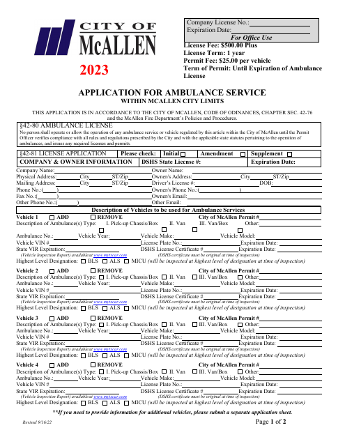 Application for Ambulance Service Within Mcallen City Limits - City of McAllen, Texas Download Pdf