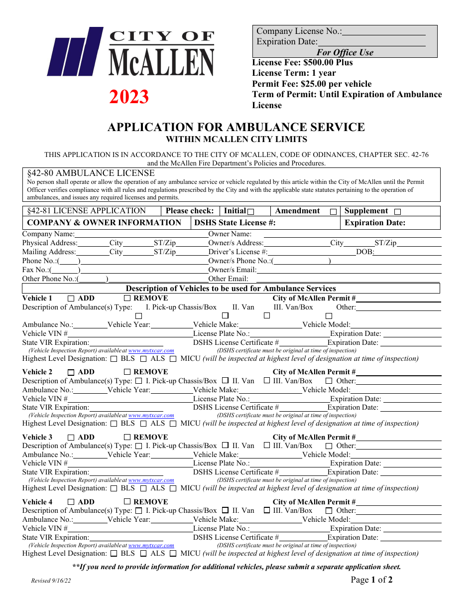 Application for Ambulance Service Within Mcallen City Limits - City of McAllen, Texas, Page 1