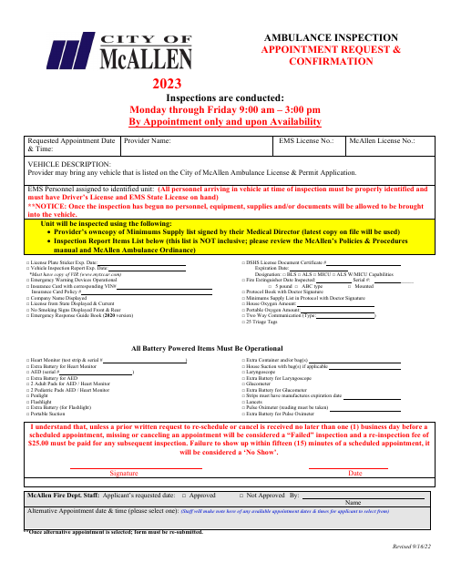 Ambulance Inspection Appointment Request & Confirmation - City of McAllen, Texas, 2023