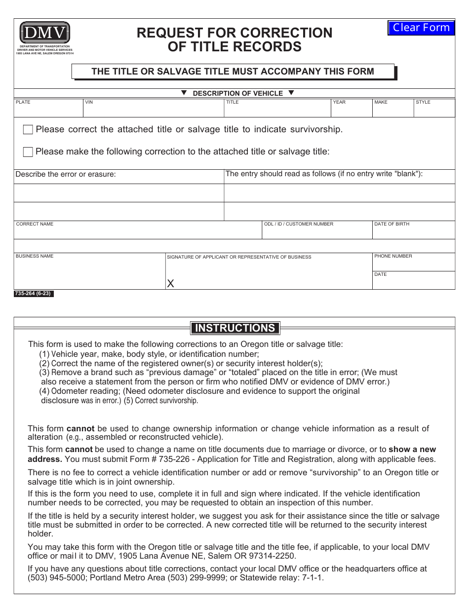 Form 735-264 Request for Correction of Title Records - Oregon, Page 1