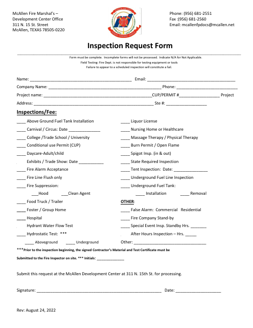 Inspection Request Form - City of McAllen, Texas Download Pdf