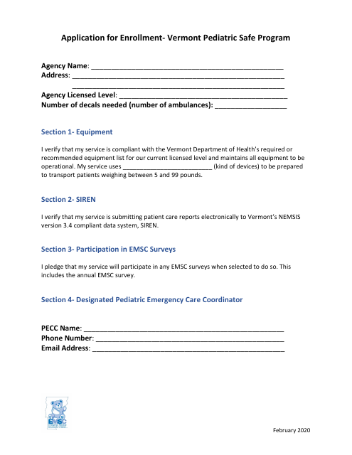 Application for Enrollment - Vermont Pediatric Safe Program - Vermont Download Pdf