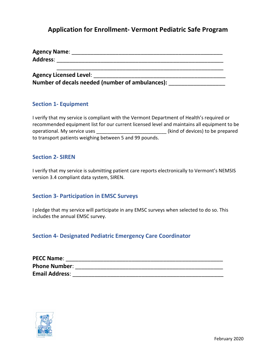 Application for Enrollment - Vermont Pediatric Safe Program - Vermont, Page 1