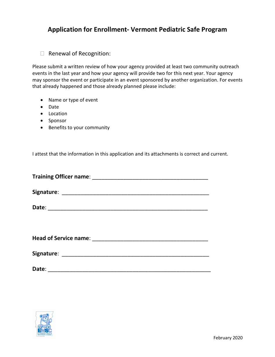 Application for Enrollment - Vermont Pediatric Safe Program - Vermont, Page 3