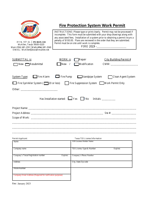 Fire Protection System Work Permit - City of McAllen, Texas Download Pdf