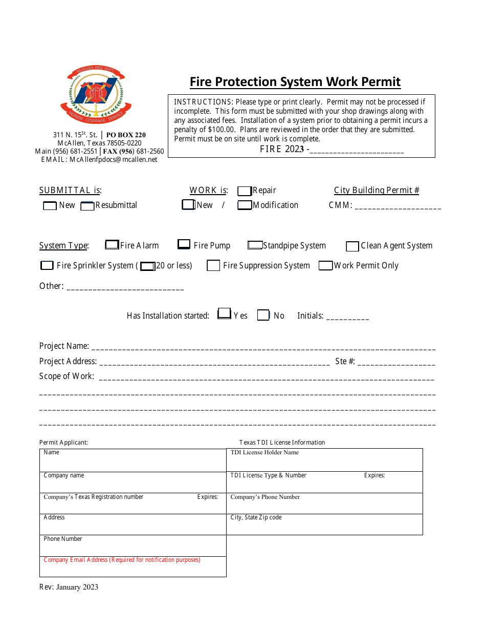Fire Protection System Work Permit - City of McAllen, Texas, Page 1