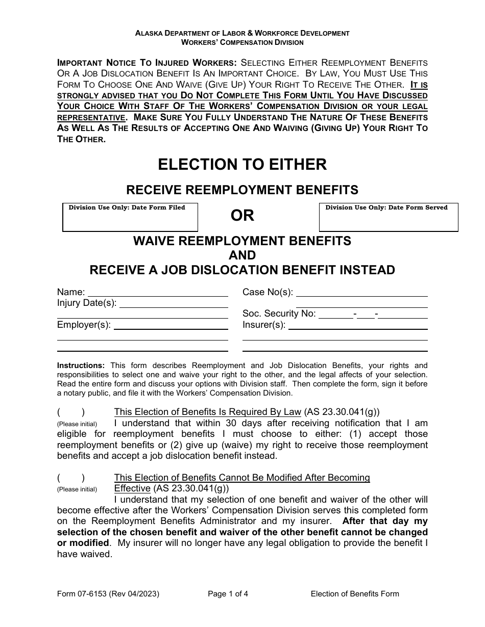 Form 07-6153 Reemployment, Election to Either Receive Reemployment Benefits or Waive Reemployment Benefits and Receive a Job Dislocation Benefit Instead - Alaska, Page 1