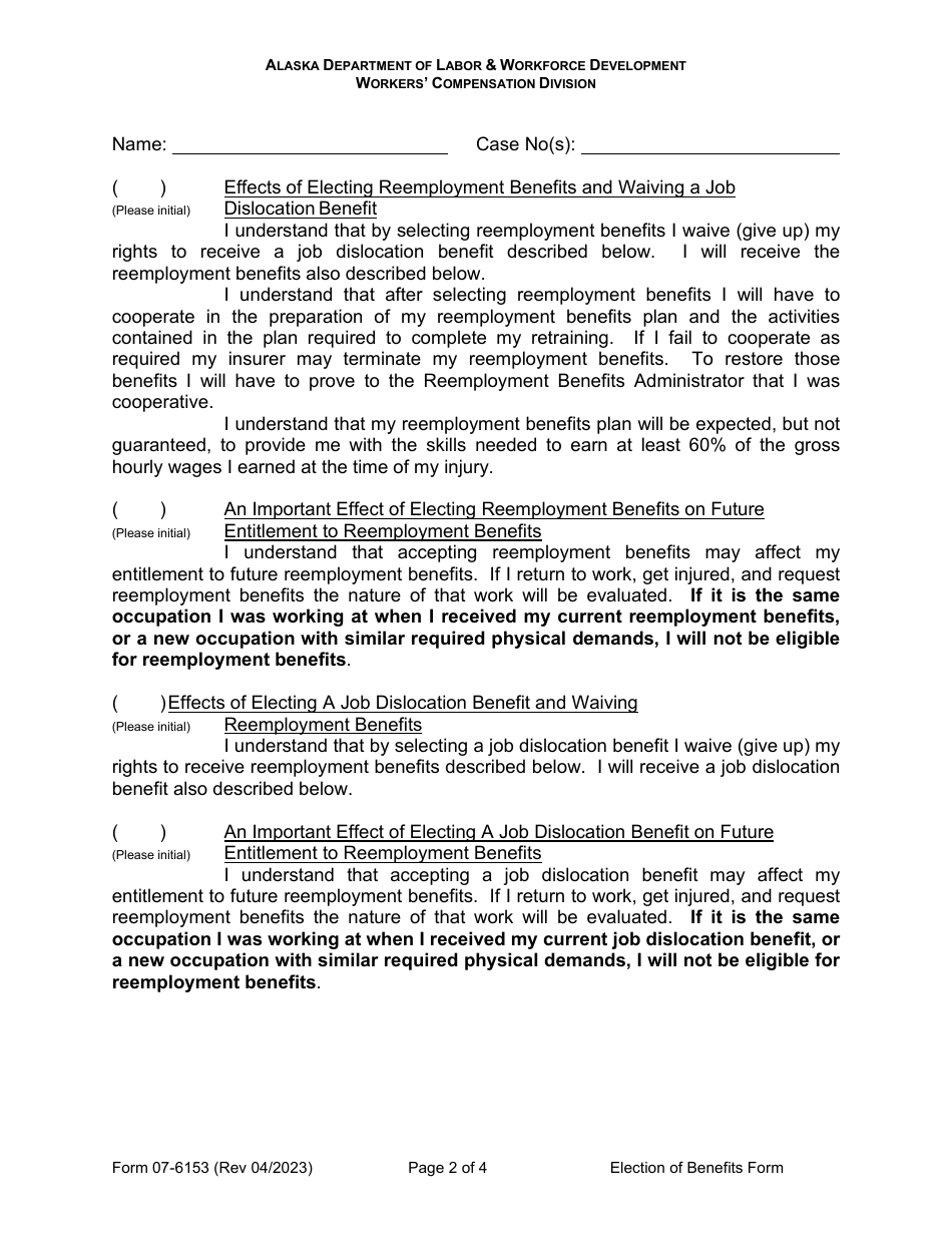 Form 07-6153 Reemployment, Election to Either Receive Reemployment Benefits or Waive Reemployment Benefits and Receive a Job Dislocation Benefit Instead - Alaska, Page 2