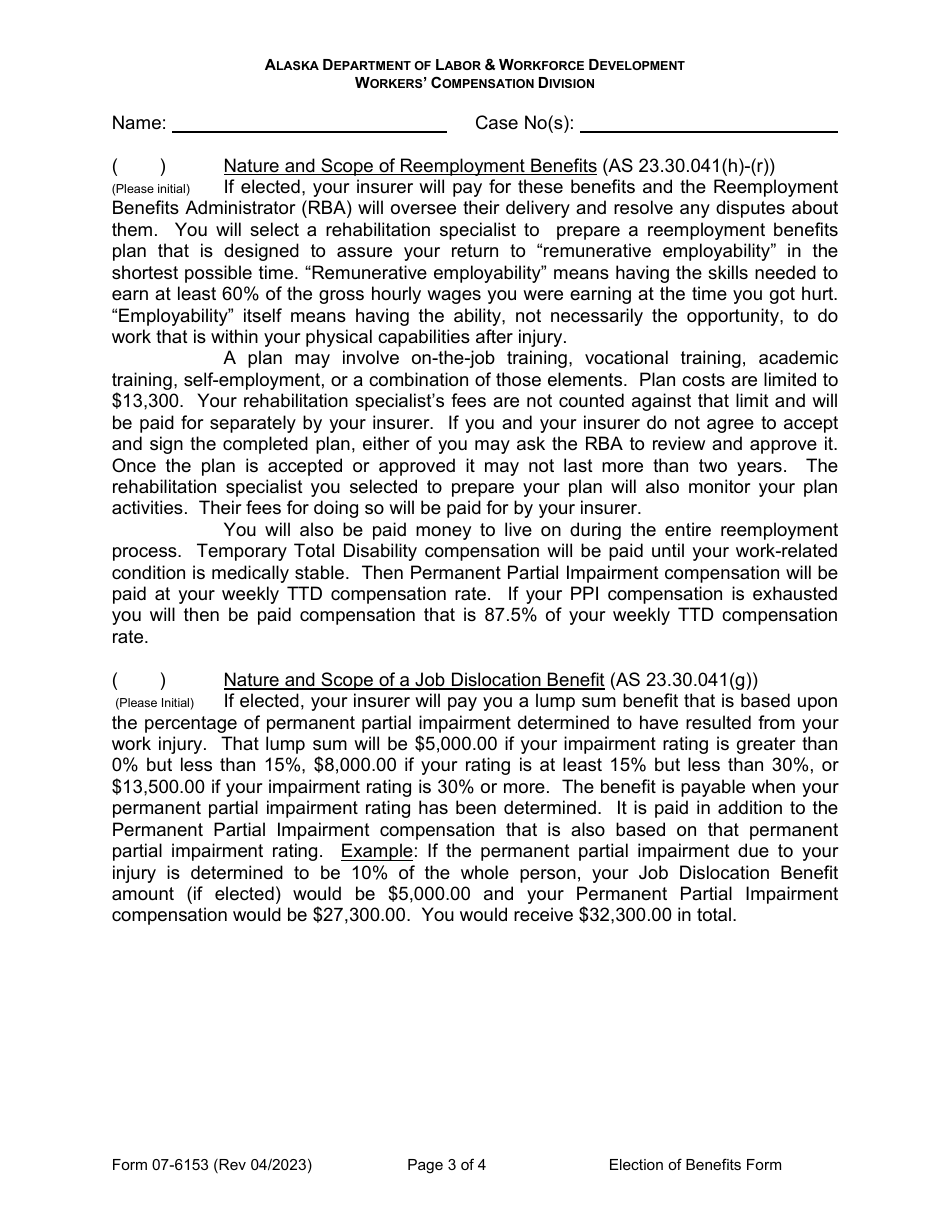 Form 07-6153 Reemployment, Election to Either Receive Reemployment Benefits or Waive Reemployment Benefits and Receive a Job Dislocation Benefit Instead - Alaska, Page 3
