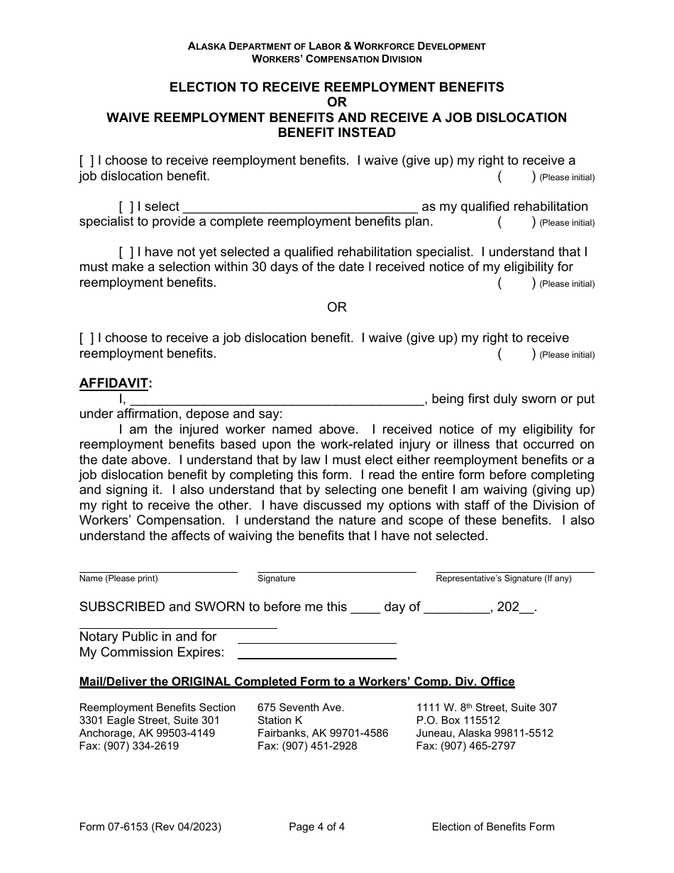 Form 07-6153 Reemployment, Election to Either Receive Reemployment Benefits or Waive Reemployment Benefits and Receive a Job Dislocation Benefit Instead - Alaska, Page 4