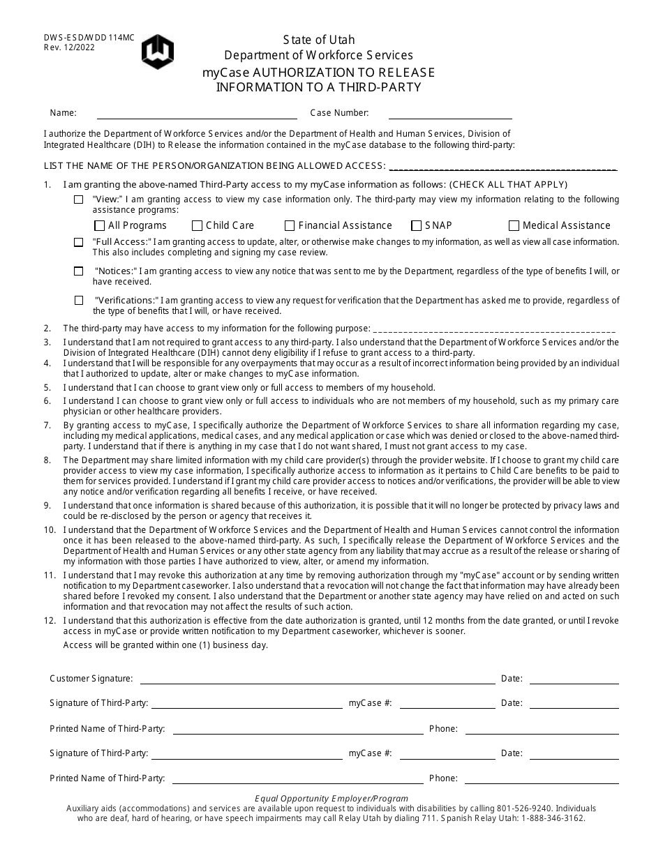 Form DWS-ESD / WDD114MC Mycase Authorization to Release Information to a Third Party - Utah, Page 1
