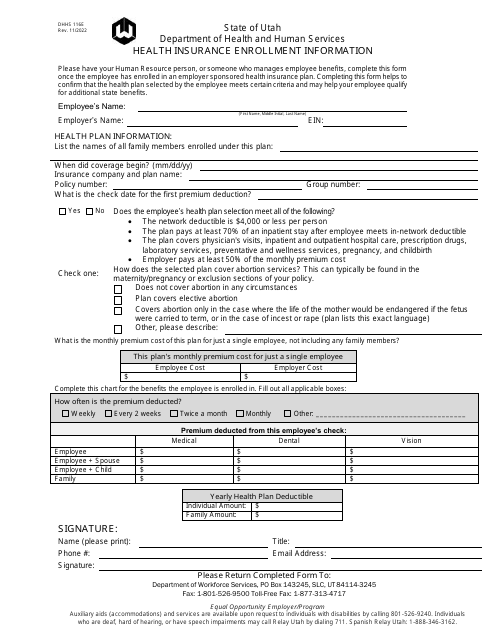 Form DHHS116E Health Insurance Enrollment Information - Utah