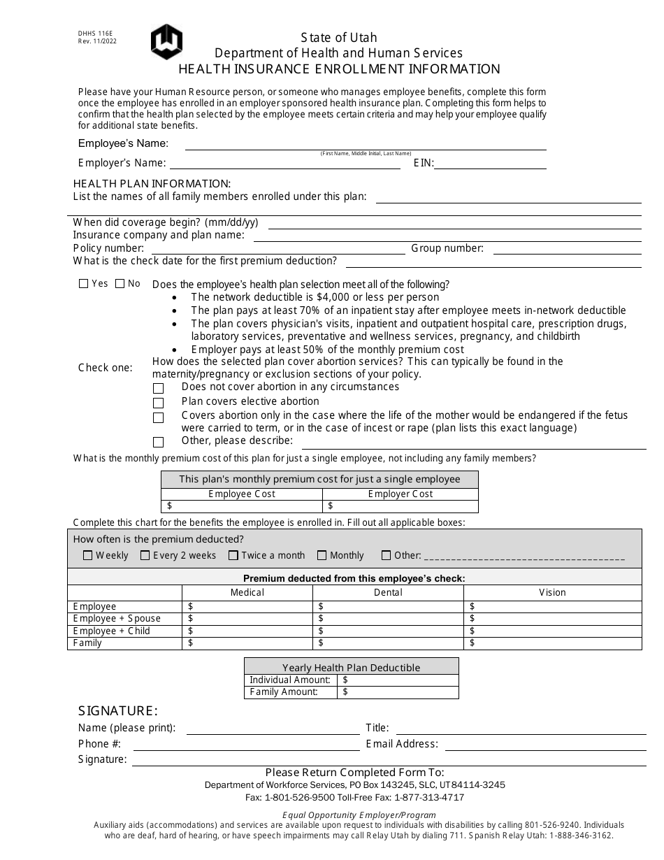 Form DHHS116E Health Insurance Enrollment Information - Utah, Page 1