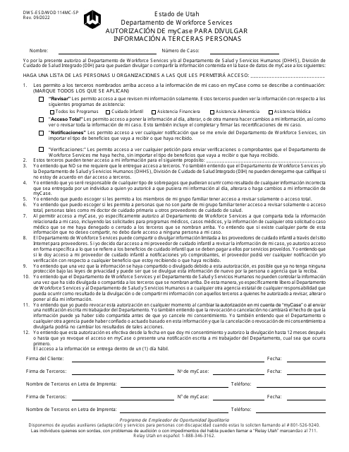 Formulario DWS-ESD/WDD114MC-SP Autorizacion De Mycase Para Divulgar Informacion a Terceras Personas - Utah (Spanish)