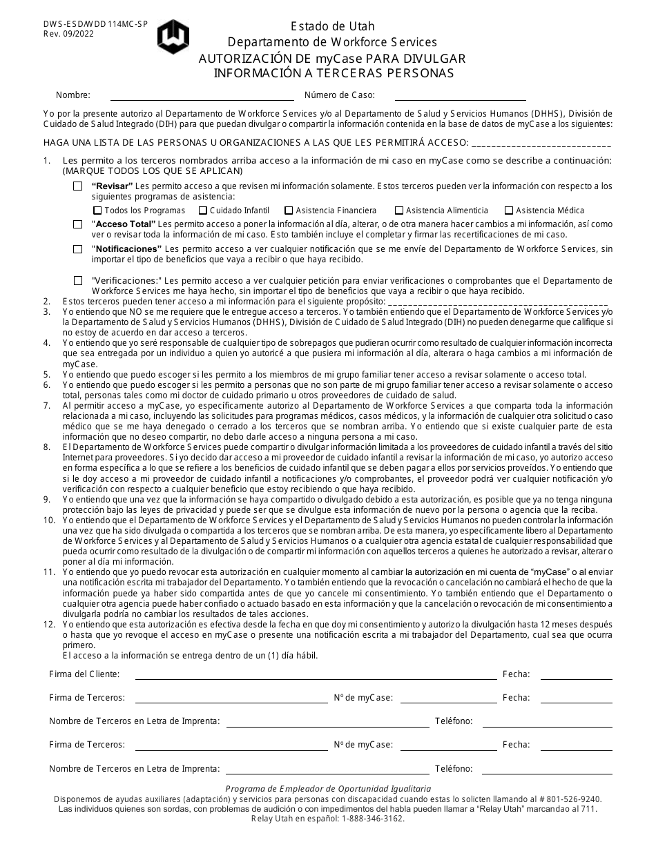 Formulario DWS-ESD / WDD114MC-SP Autorizacion De Mycase Para Divulgar Informacion a Terceras Personas - Utah (Spanish), Page 1