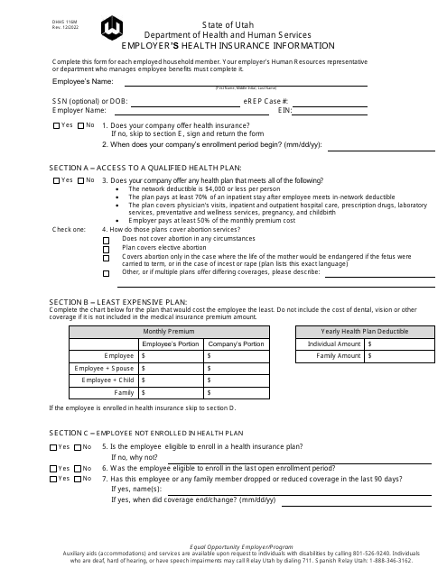 Form DHHS116M Employer's Health Insurance Information - Utah