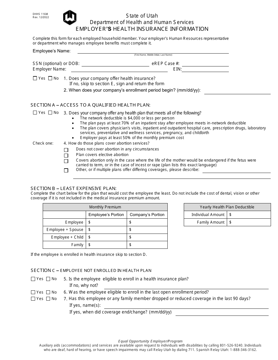 Form DHHS116M Fill Out, Sign Online and Download Printable PDF, Utah