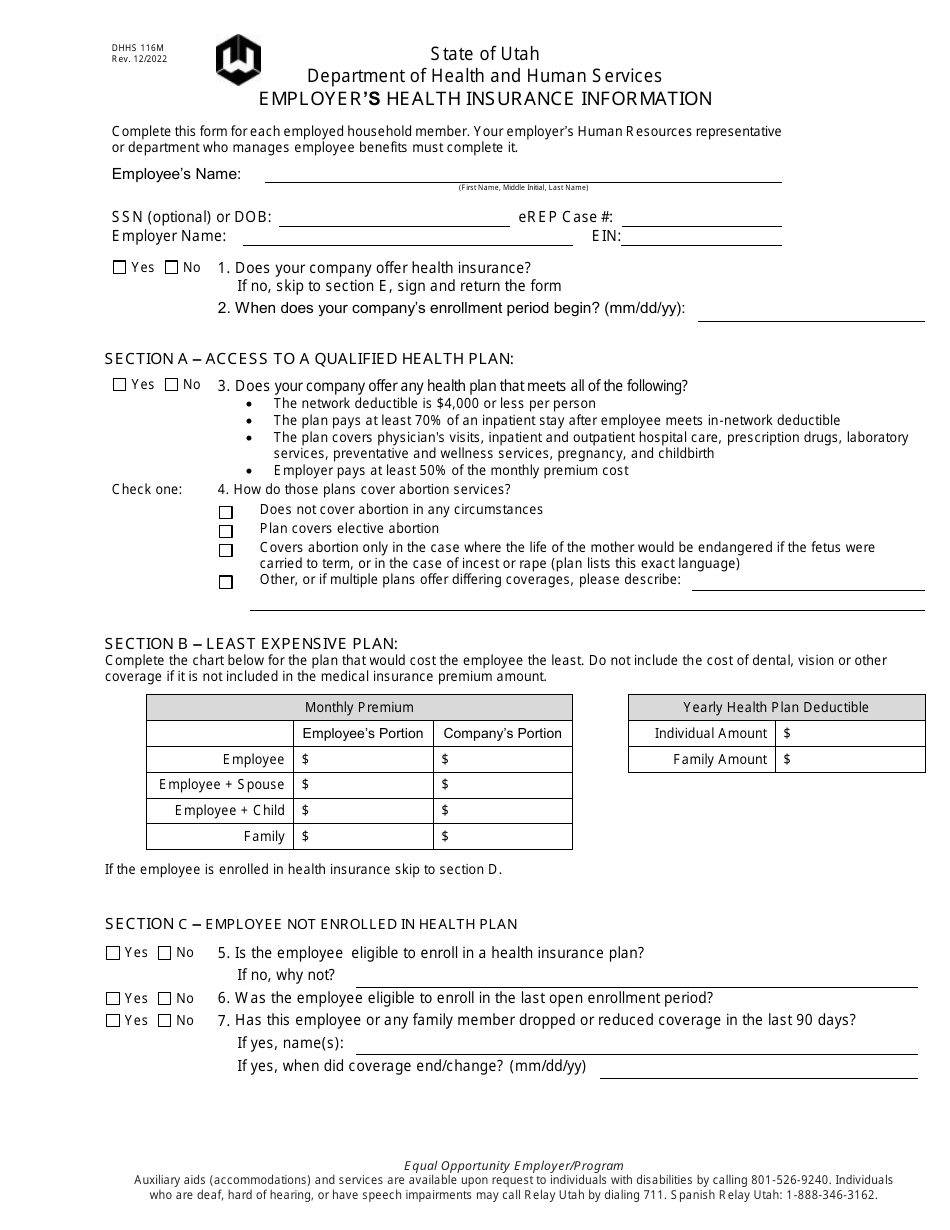 Form DHHS116M Employers Health Insurance Information - Utah, Page 1