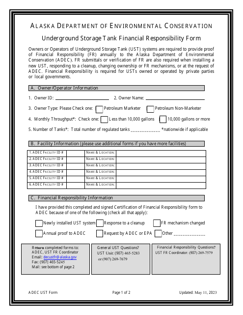 Underground Storage Tank Financial Responsibility Form - Alaska Download Pdf