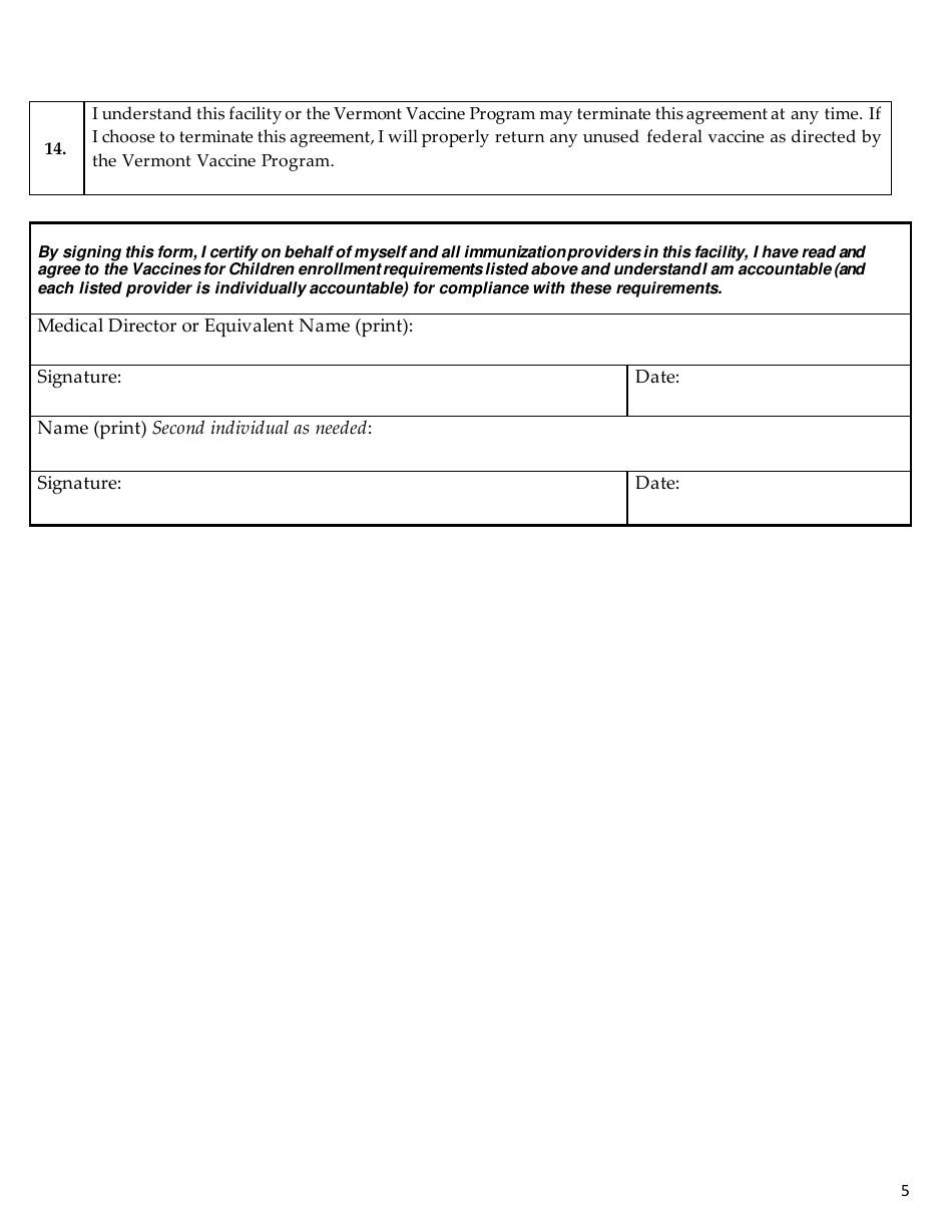 Vermont Child Vaccine Program Provider Agreement - Vermont, Page 5