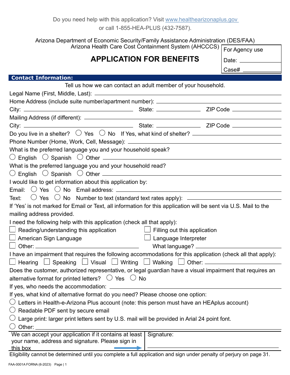 Form FAA-0001A Application for Benefits - Arizona, Page 11