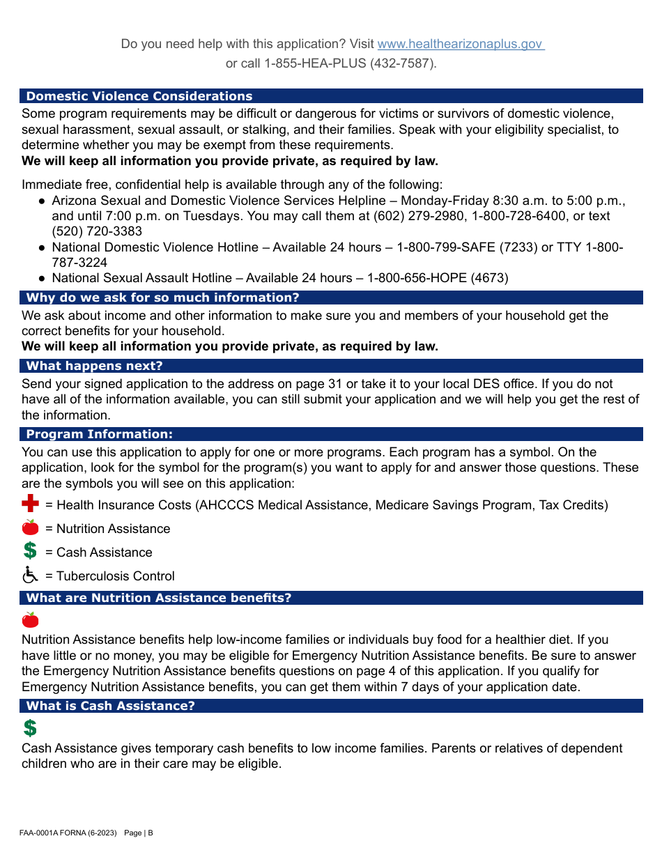 Form FAA-0001A Application for Benefits - Arizona, Page 2