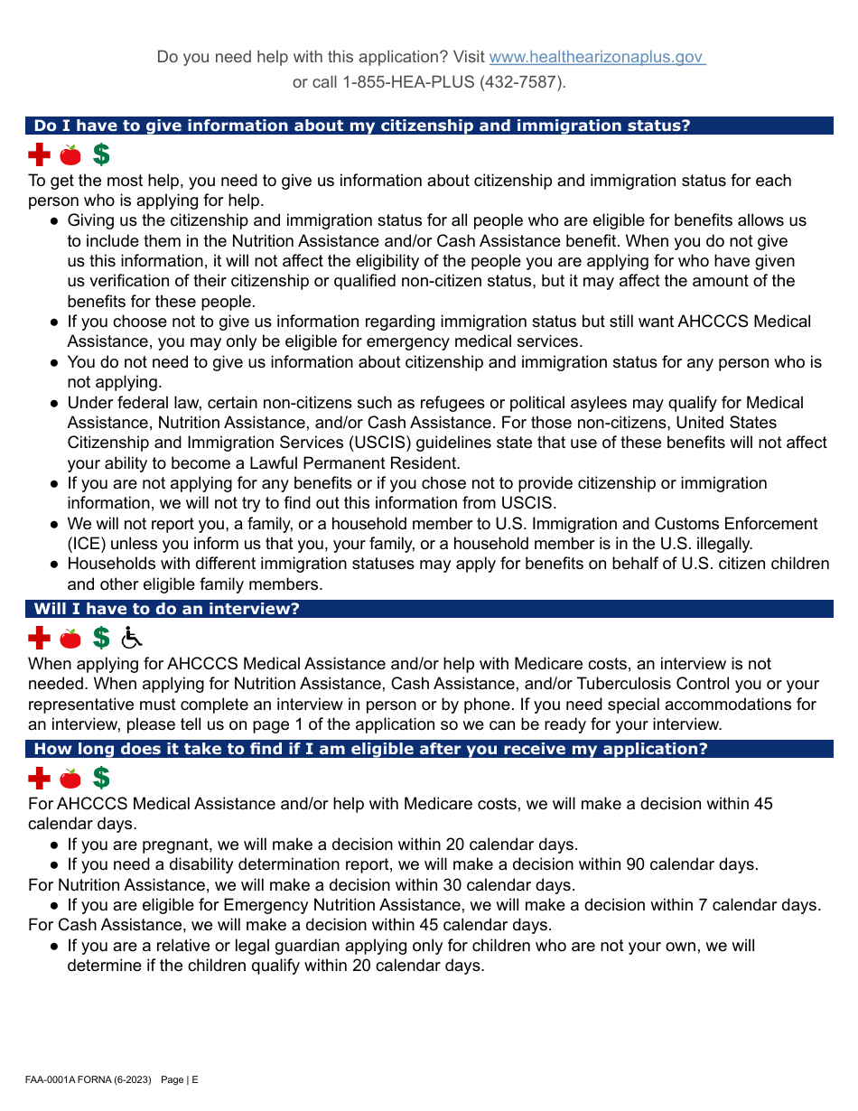 Form FAA-0001A Application for Benefits - Arizona, Page 5