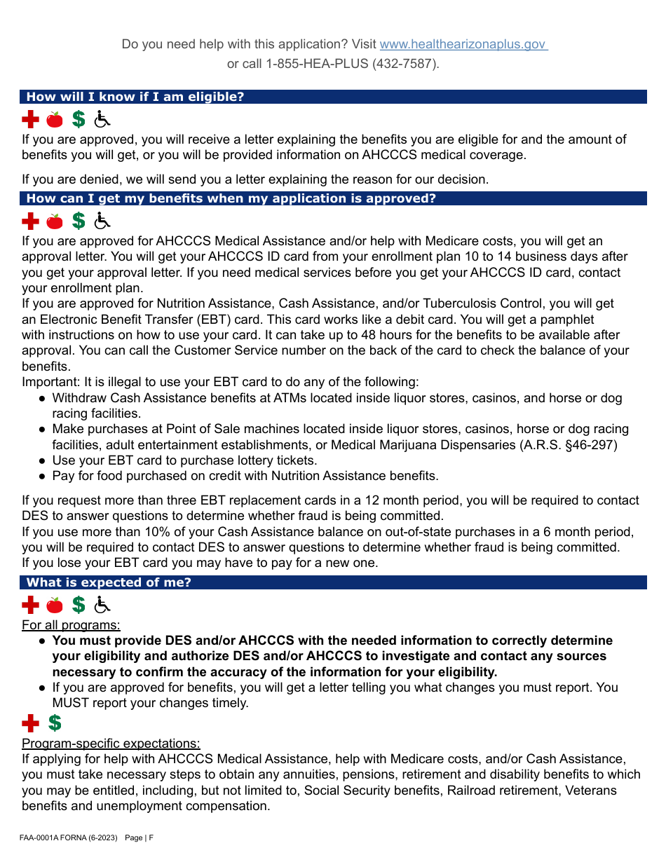 Form FAA-0001A Application for Benefits - Arizona, Page 6