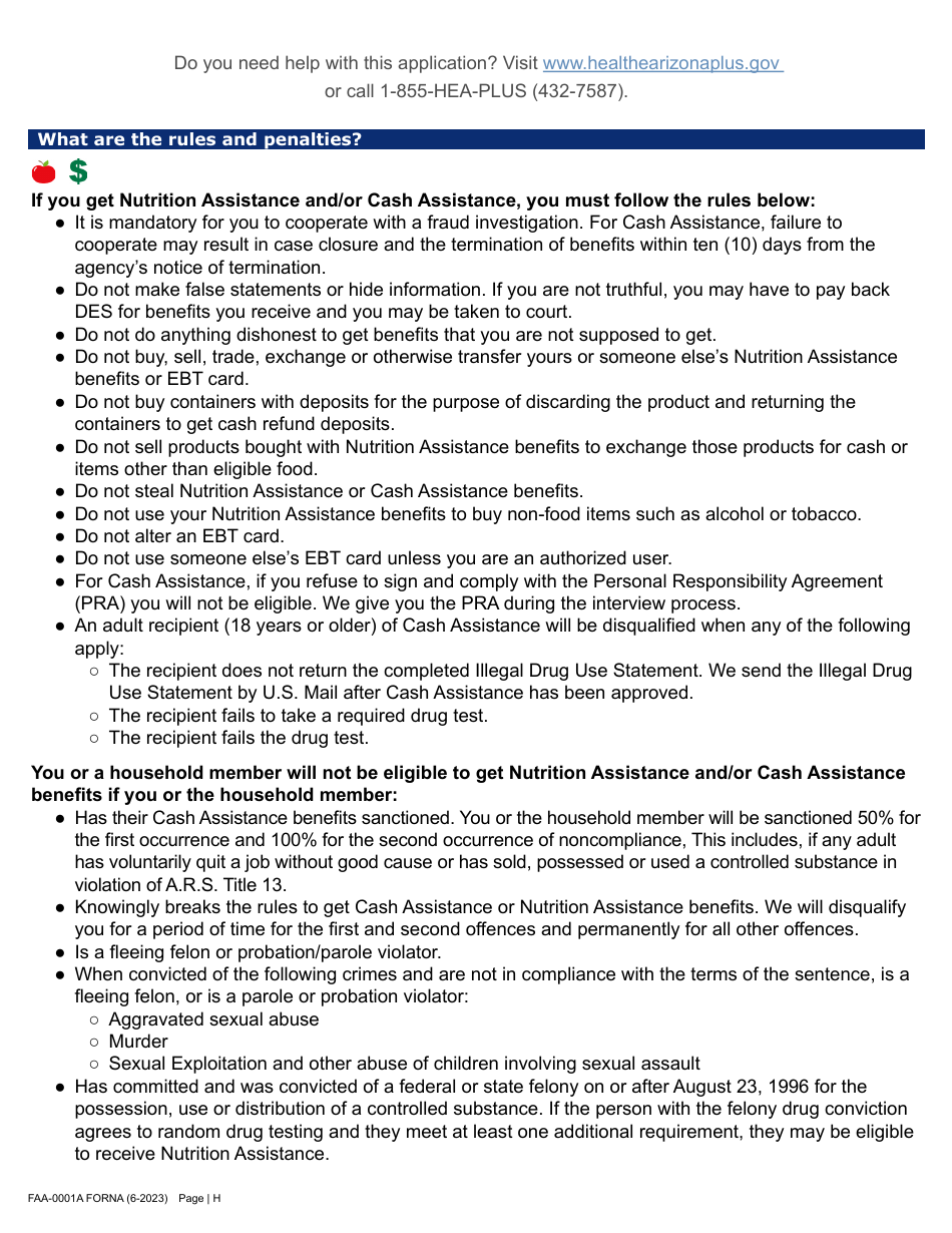 Form FAA-0001A Application for Benefits - Arizona, Page 8