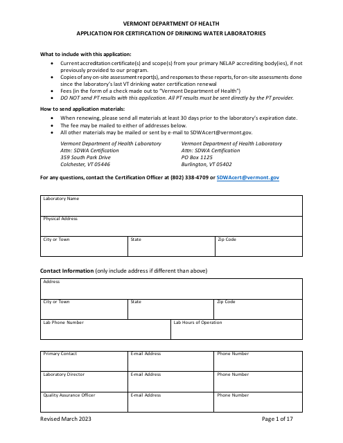 Application for Certification of Drinking Water Laboratories - Vermont