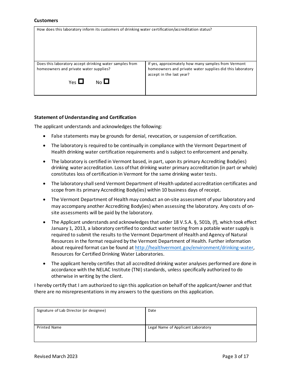 Vermont Application for Certification of Drinking Water Laboratories