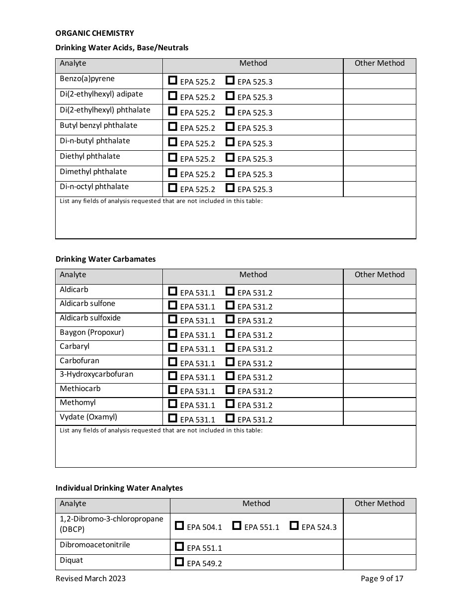 Application for Certification of Drinking Water Laboratories - Vermont, Page 9