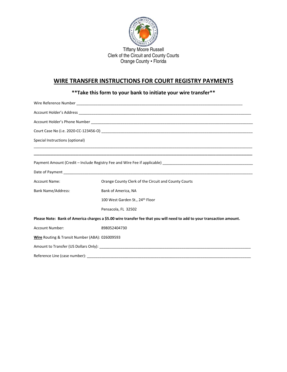 Wire Transfer Instructions for Court Registry Payments - Orange County, Florida, Page 1