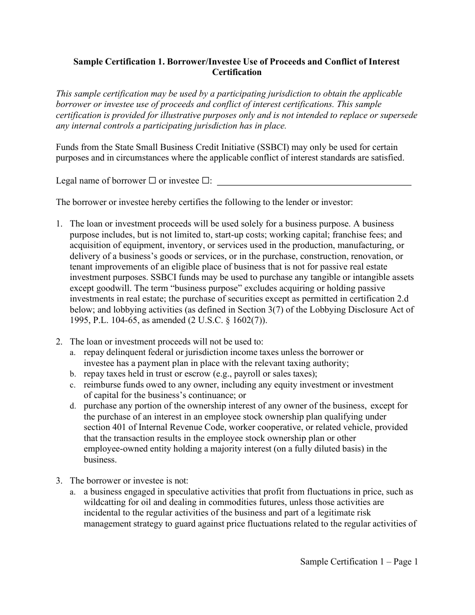 Borrower / Investee Use of Proceeds and Conflict of Interest Certification - Sample Certification - Minnesota, Page 1