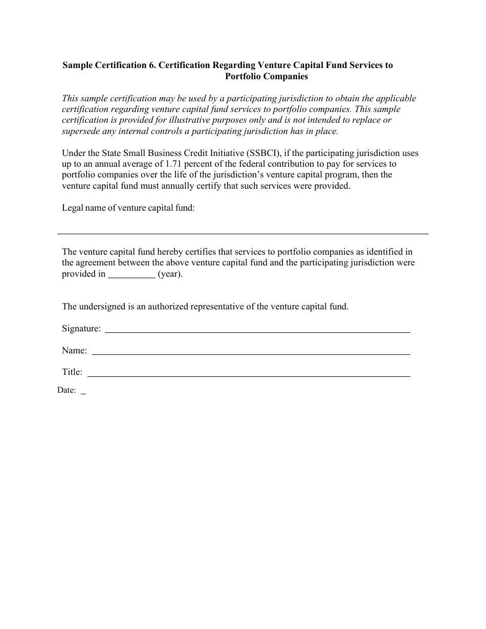 Certification Regarding Venture Capital Fund Services to Portfolio Companies - Sample Certification - Minnesota, Page 1