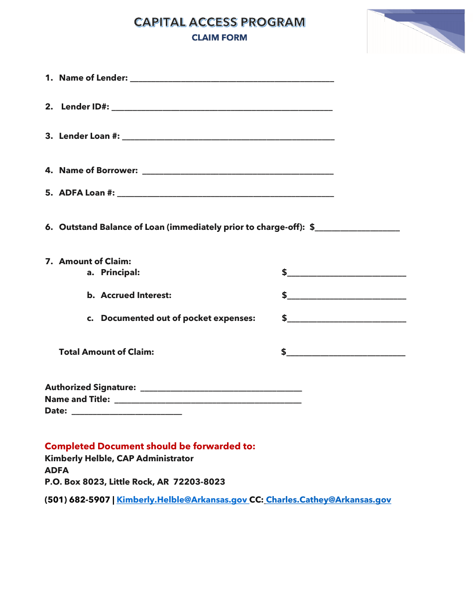 Claim Form - Capital Access Program - Arkansas, Page 1
