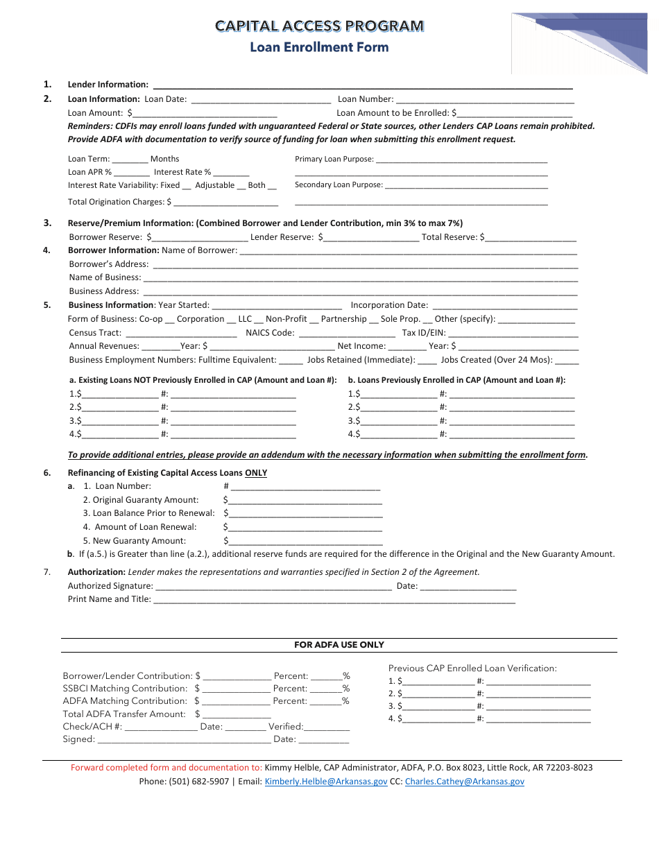 Loan Enrollment Form - Capital Access Program - Arkansas, Page 1